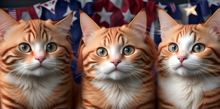 Three ginger cats having fourth of july partyの素材