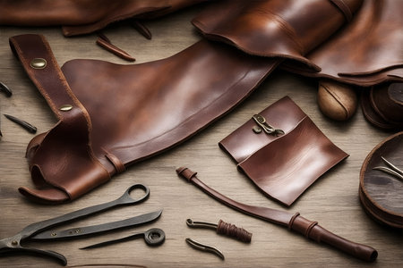 leather craft. Hand made leather goods, or leather parts on a work table.の素材