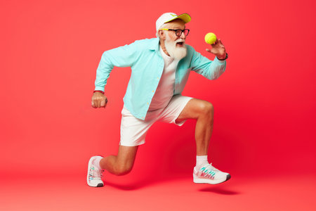 Happy old man doing sport on color studio background.の素材