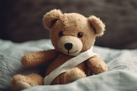 Teddy bear with bandage laying in bed.の素材