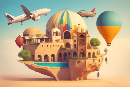 Abstract image of baggage with elements of travel destinationの素材