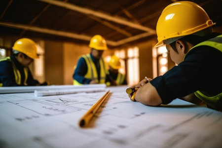 Architects looking a blue prints dressed in t shirtsの素材