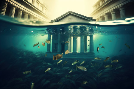 Bank Crisis and Banking system drowning in debt as a financial instability or insolvency concept as an urgent business and global market problemの素材