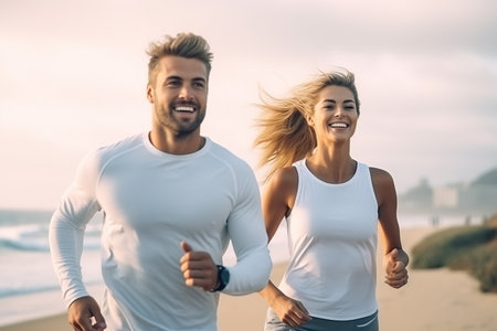 Cheerful European lady and man enjoying active lifestyle and training on ocean beach, having break and posingの素材