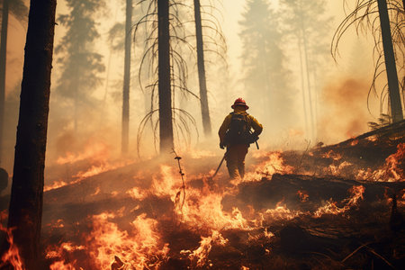 Firefighter dropping water in a Forest Fire during Dayの素材