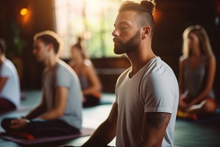 Group meditation in yoga studio, breath exercise, men and women meditating and breathing with closed eyes, breathwork conceptの素材