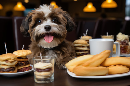 Happy dog biting a burger on a open concept living roomの素材