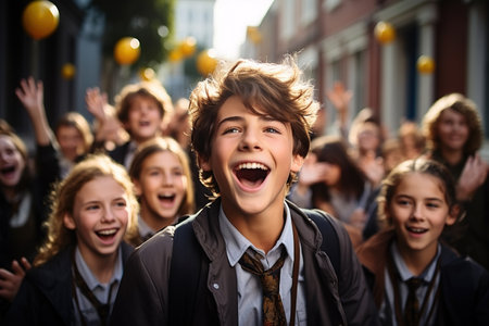 Imagine a vibrant scene with a diverse group of students and teachers, full of anticipation and excitement, standing outside a school building on a sunny morning.の素材