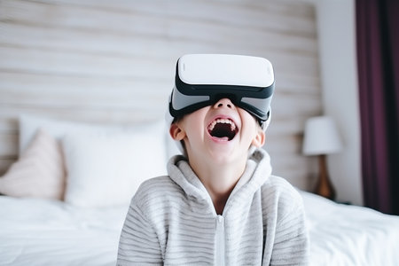 Kid interact using virtual reality headset to interact with the imaginary world. Caucasian boy child sitting on bed at home wearing VR glasses playing video games. Immersive learning and childrenの素材