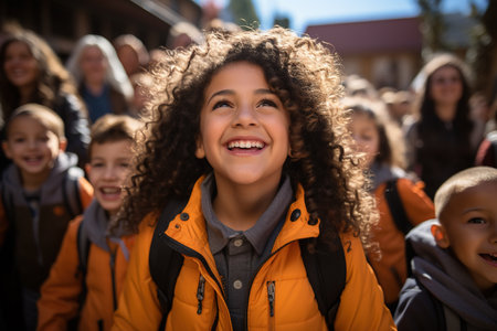 Imagine a vibrant scene with a diverse group of students and teachers, full of anticipation and excitement, standing outside a school building on a sunny morning.の素材