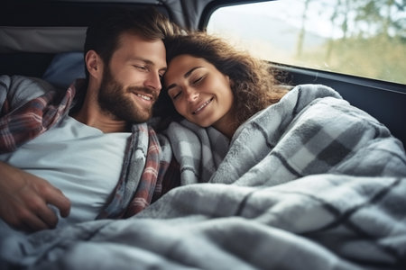 Happy young couple lying together in a van, enjoying vacation time togetherの素材