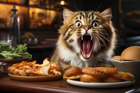 Happy cat biting a burger on a open concept living roomの素材