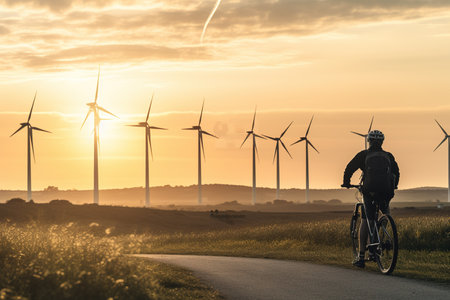 Man from behind leaning on bicycle looking at wind power towers and solar farm in rural setting at sunsetの素材