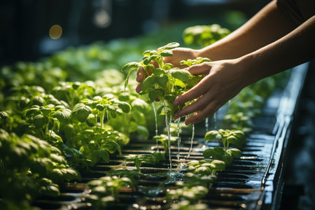 human hand collecting crop from a hydroponic crops on rows.の素材