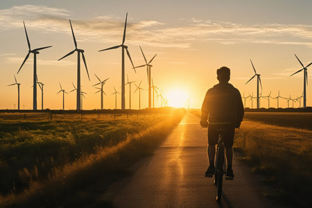 Man from behind leaning on bicycle looking at wind power towers and solar farm in rural setting at sunsetの素材