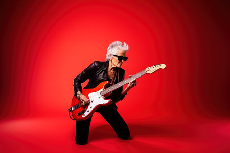 Portrait of a cool trendy old woman playing a guitar on red studio backgroundの素材