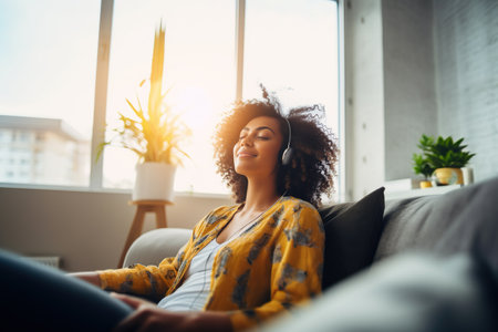 Happy afro american woman relaxing on the sofa at homeの素材