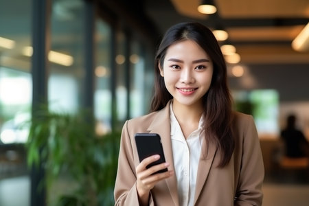Young happy smiling professional Asian Japanese business woman manager executive holding smartphone using mobile cell phone looking at camera working in office with digital cellular technologyの素材
