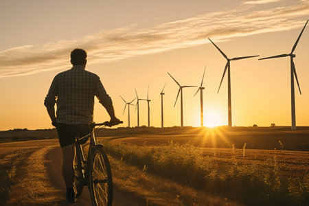 Man from behind leaning on bicycle looking at wind power towers and solar farm in rural setting at sunsetの素材