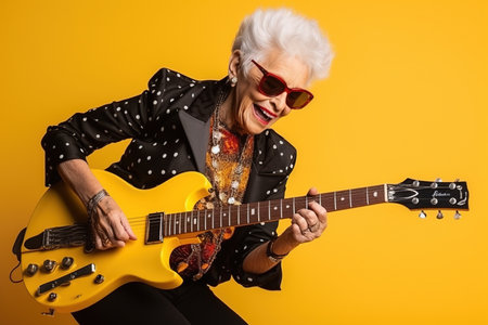 Portrait of a cool trendy old woman playing a guitar on yellow studio backgroundの素材
