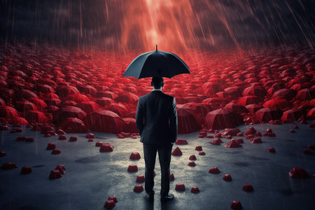 Market turbulence and financial crisis security concept as a volatile stock market with price volatility as a businessman holding an umbrella as a business symbol for wealth management.の素材
