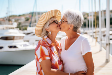 Senior gay lesbian couple kissing outside - LGBTQ aged tourists having tender moment during summer vacationの素材