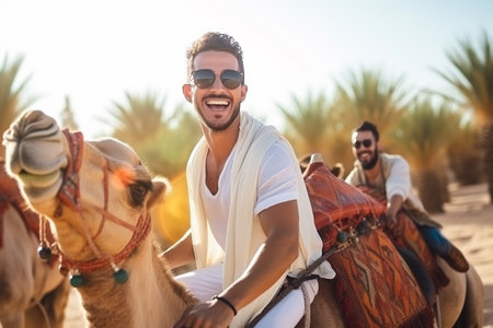 Happy tourist having fun enjoying group camel ride tour in the desertの素材