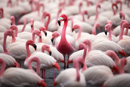 Standing out from the crowd , pink flamingo standing between man white birdsの素材