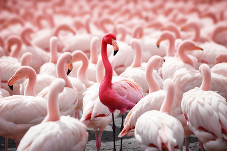 Standing out from the crowd , pink flamingo standing between man white birdsの素材