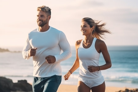 Sporty caucasian woman and man in sportswear runningの素材