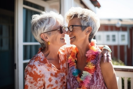 Senior gay lesbian couple kissing outside - LGBTQ aged tourists having tender moment during summer vacationの素材