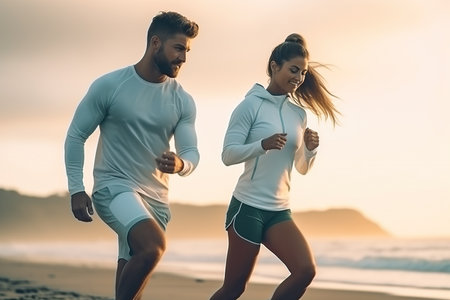 Young lady and man in sportswear doing stretchingの素材