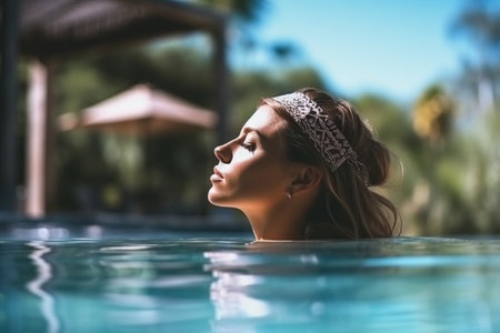 Swimming pool, floating and woman in water relax on holiday, summer vacation and weekend getaway. Travel, luxury resort and closeup of female person relaxing for swim, wellness and peace outdoorsの素材