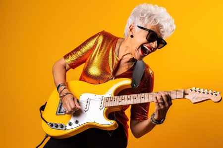 Portrait of a cool trendy old woman playing a guitar on yellow studio backgroundの素材