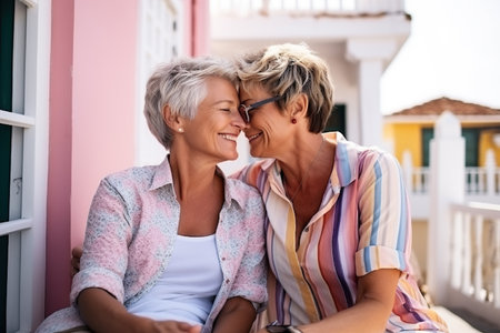Senior gay lesbian couple kissing outside - LGBTQ aged tourists having tender moment during summer vacationの素材
