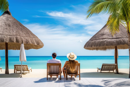 Vacation, couple on the beach near swimming pool, luxury travelの素材
