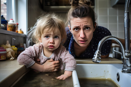 A forlorn woman at her kitchen sink looking worried about a plumbing problem,の素材