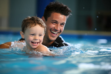 Candid capture of a young boy with an adult swimming.の素材