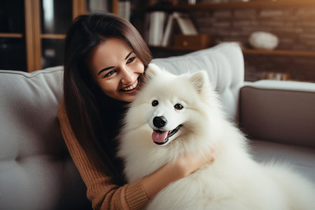 Cheerful woman hugging her beloved pet dog at homeの素材