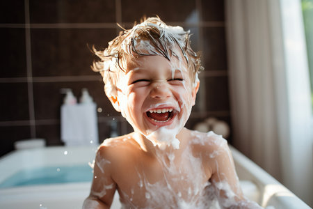 Fun on fathers day Dad and his son have fun shaving together.の素材