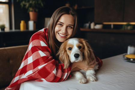 Cheerful woman hugging her beloved pet dog at homeの素材
