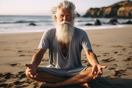 close up portrait old mature man doing yoga on the beach.の素材