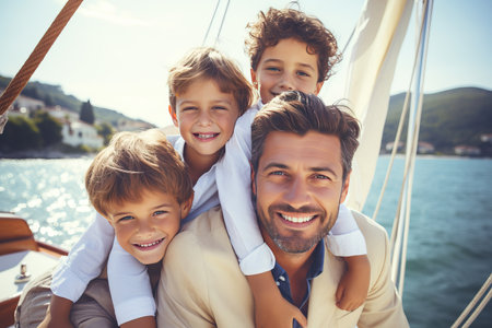 Close up portrait of elegant father with sons sailingの素材