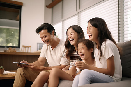 Family laughing while sitting in front of TV dad hold telephoneの素材