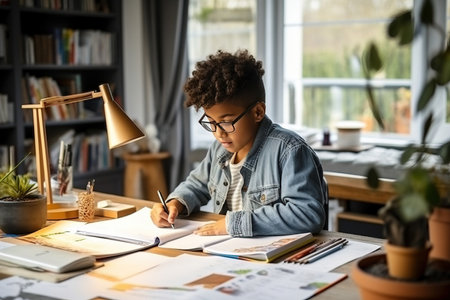 Ethnic dad helps son to do homework at homeの素材