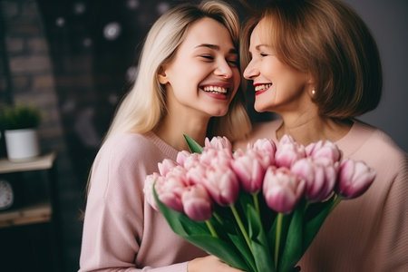 Cheerful young woman hugging happy elderly female with closed eyes and giving flowersの素材