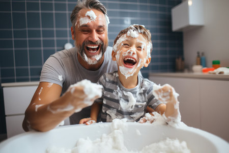 Fun on fathers day Dad and his son have fun shaving together.の素材