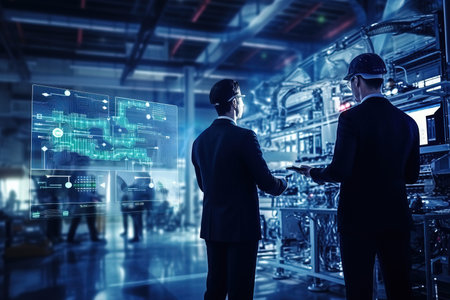Factory Digitalization: Two Industrial Engineers Use Laptop Computer, Big Data Statistics Visualization, Optimization of High-Tech Electronics Facility.の素材