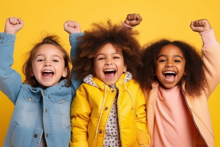 Group of cheerful happy multinational children shoutの素材
