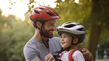 Happy family father puts on son helmet for safe cycling.の素材